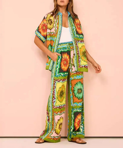 Contrast Flowers Casual Trousers Two -piece Suit