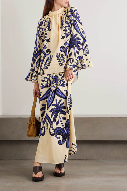 Exquisite Tie-Waisted Cutout Print Satin Loose-Fit Shirt