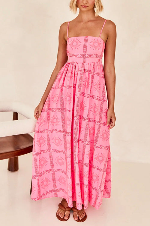 Spaghetti Strap Cut Out Waist Printed Maxi Swing Dress