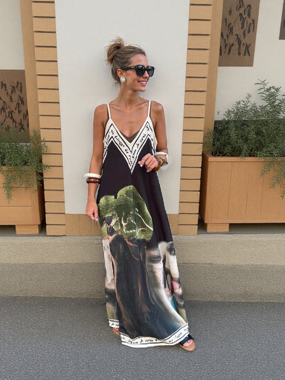 Unique Ink Flower Print Suspender Maxi Dress