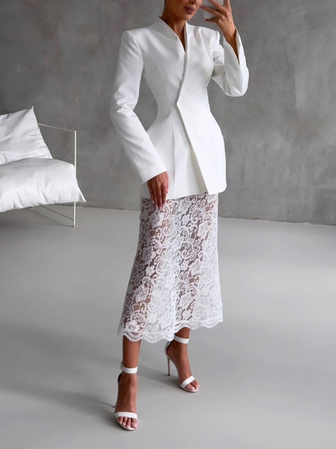 Elegant Asymmetrical Suit And Lace Skirt Two-Piece Set