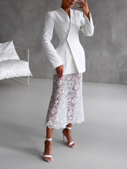 Elegant Asymmetrical Suit And Lace Skirt Two-Piece Set