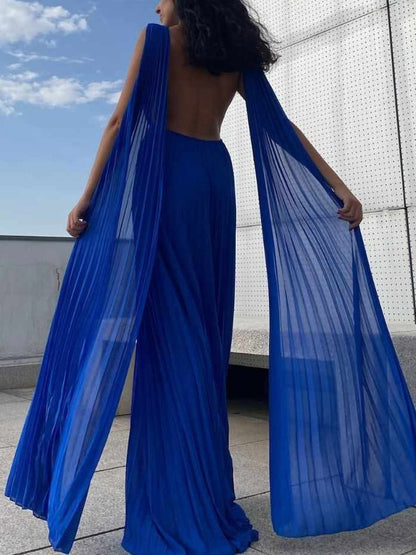 Elegant Open Back Ribbon Pleated Party Maxi Dress