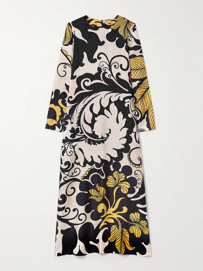 Unique Satin Swing Print Twill Midi Dress