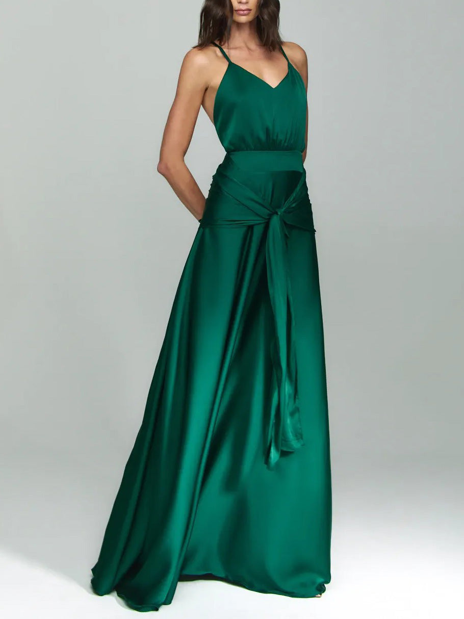 Elegant V-Neck Satin Tie-Waist Floor-Length Slip Dress