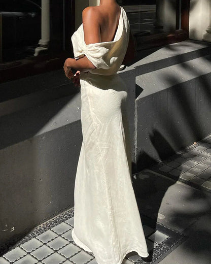 Chic slanted shoulder cotton and linen two-piece set