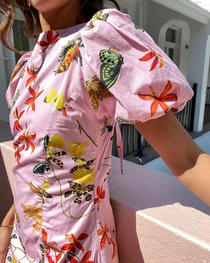 Puff sleeves butterfly print backless dress