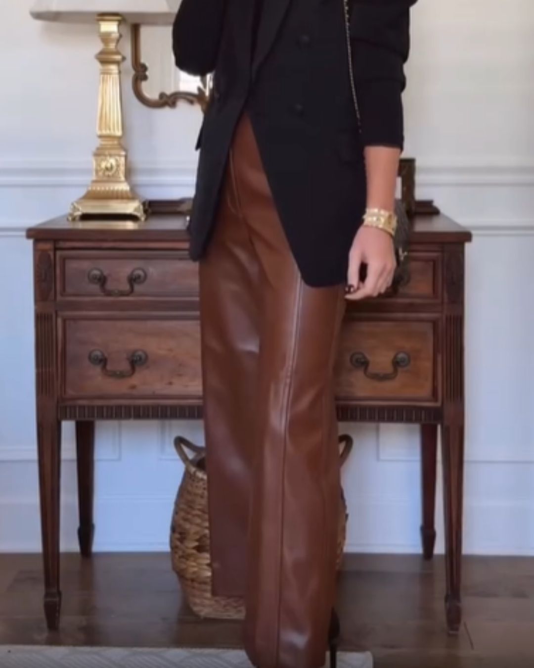 Brown High Waisted PU Straight Leg Pants