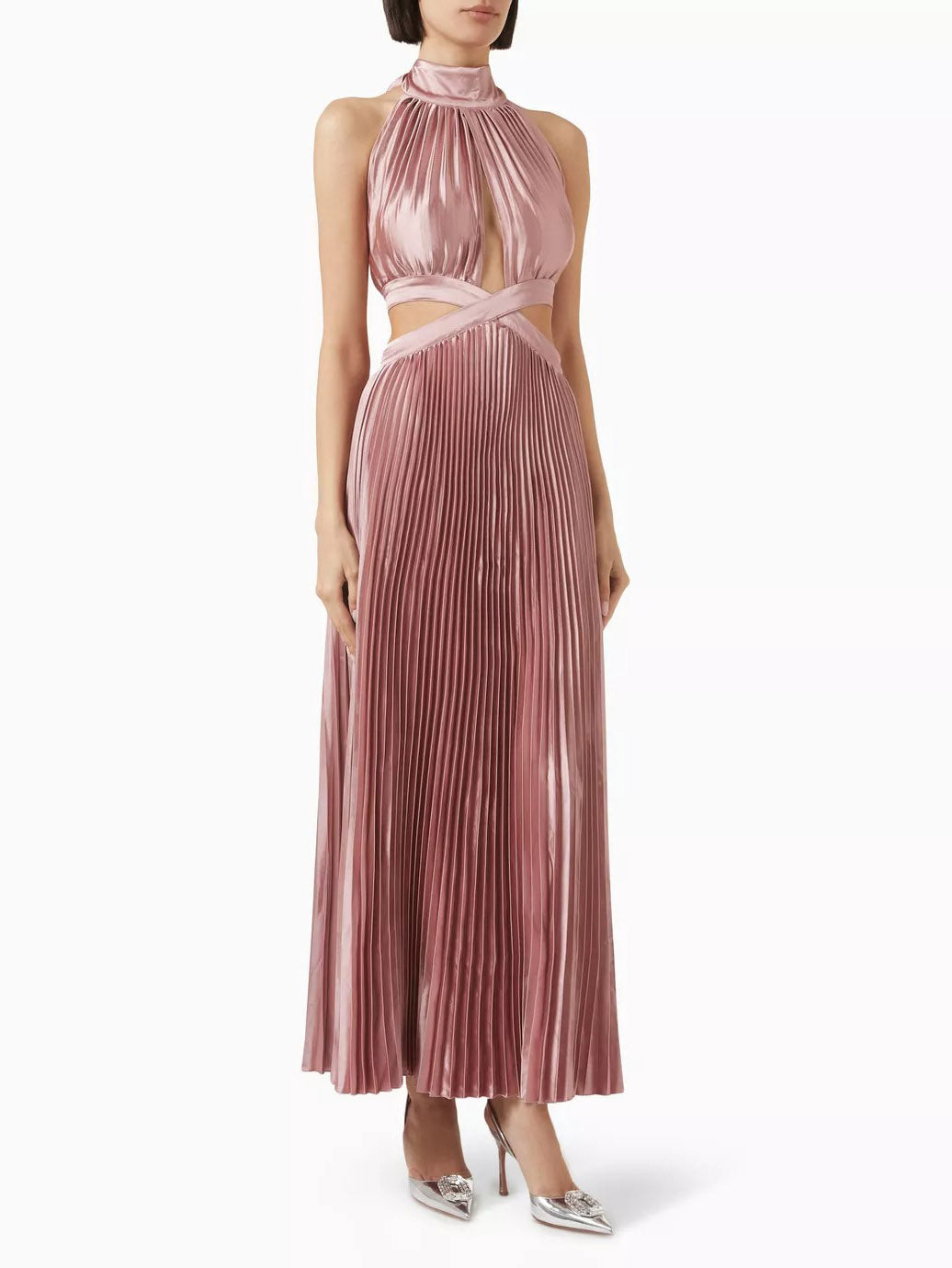 Elegant High-neck Halterneck Satin Pleated Maxi Dress