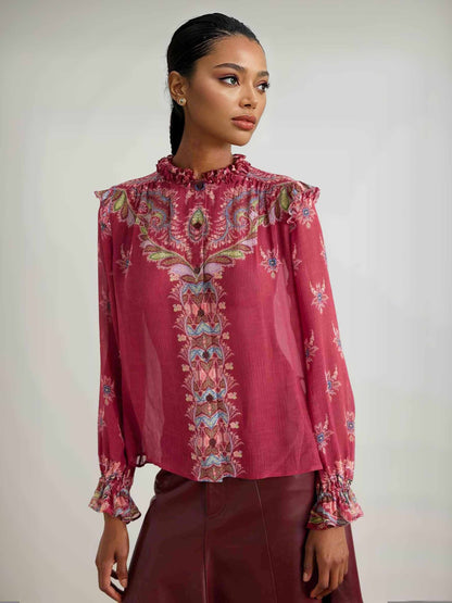 Exquisite Bohemian Ruffled Printed Chiffon Shirt