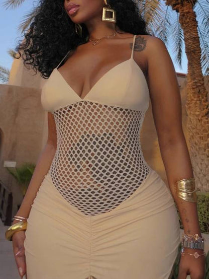 Mesh Pleated Hip-Wrap Tassel Maxi Dress