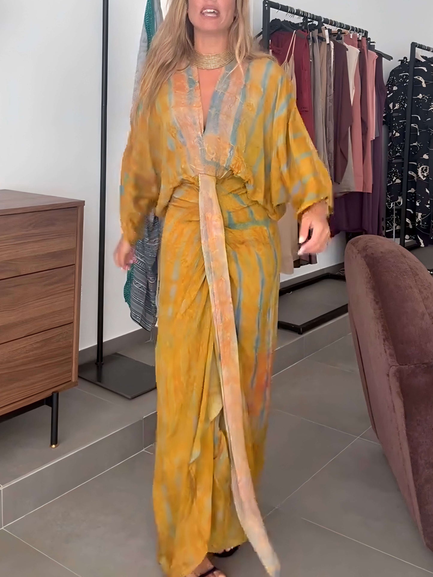 Bohemian Kimono-Inspired Tie-Dye Print Waist-Tie Maxi Dress