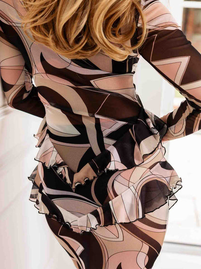 Retro Abstract Print Ruffled Mesh Slim Maxi Dress