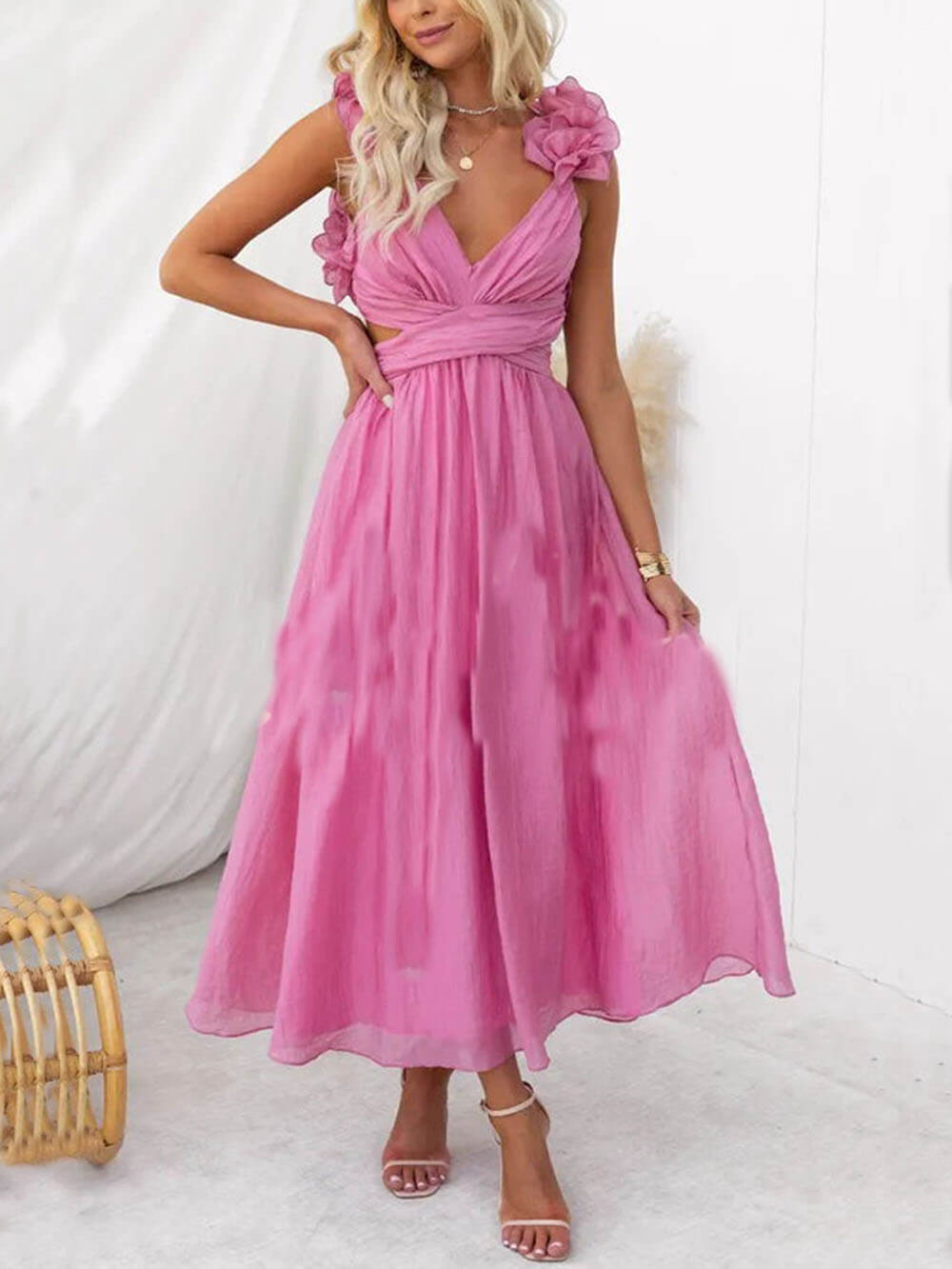 Floral Ruffle Detail Back Lace-Up Elastic Waist Maxi Dress