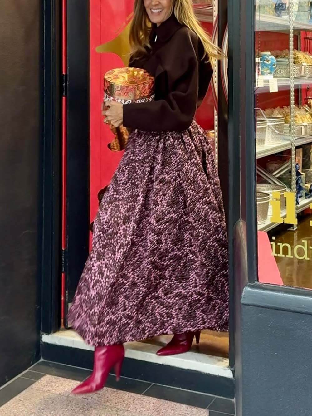 Classic Jacquard Print Ruched Maxi Skirt