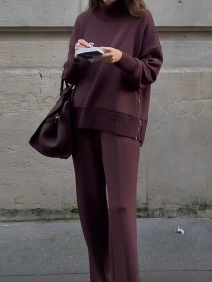 Classic Double Soft Turtleneck Side Zipper Sweatshirt and Elastic Waist Pocketed Loose Pants Set
