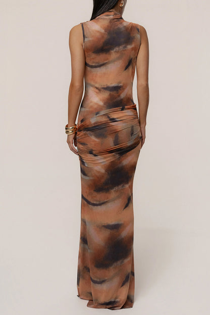 Elegant Abstract Print Draped Neckline Maxi Dress