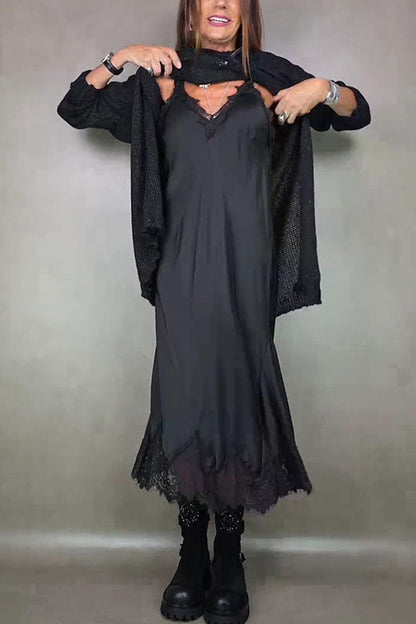 Fashion Lace-Trimmed Spaghetti Strap Casual Midi Dress