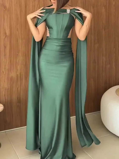 Elegant Strapless Cape Evening Maxi Dress