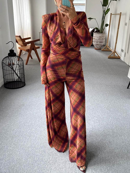 Unique Plaid Print Sheer High-Waist Straight Pants