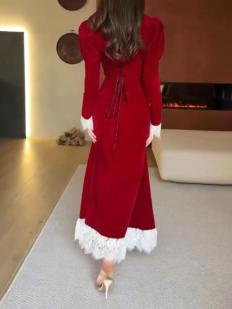 Elegant Velvet Lace Trim French Maxi Dress