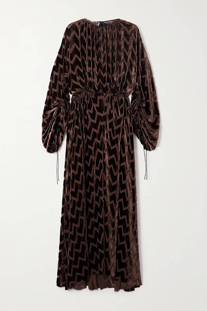 Exquisite Wave Print Drawstring Ruched Maxi Dress