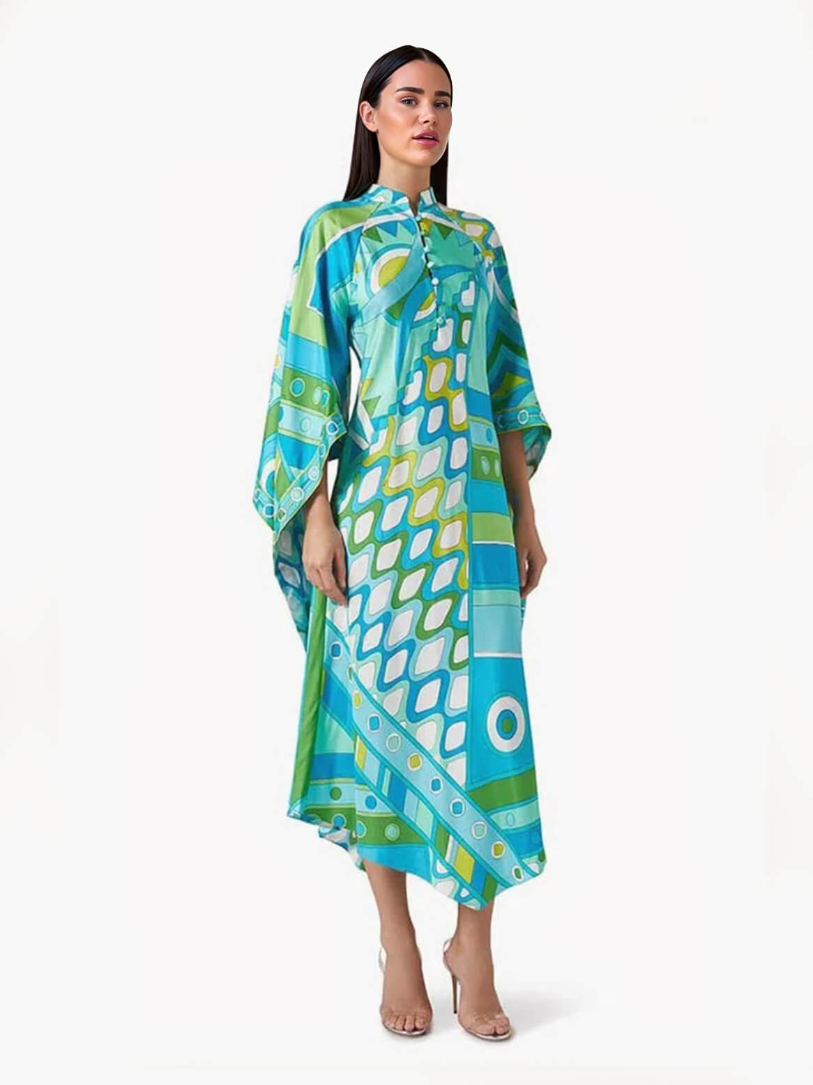 Elegant Button-Up Stand Collar Printed Loose Flared Asymmetrical Midi Dress