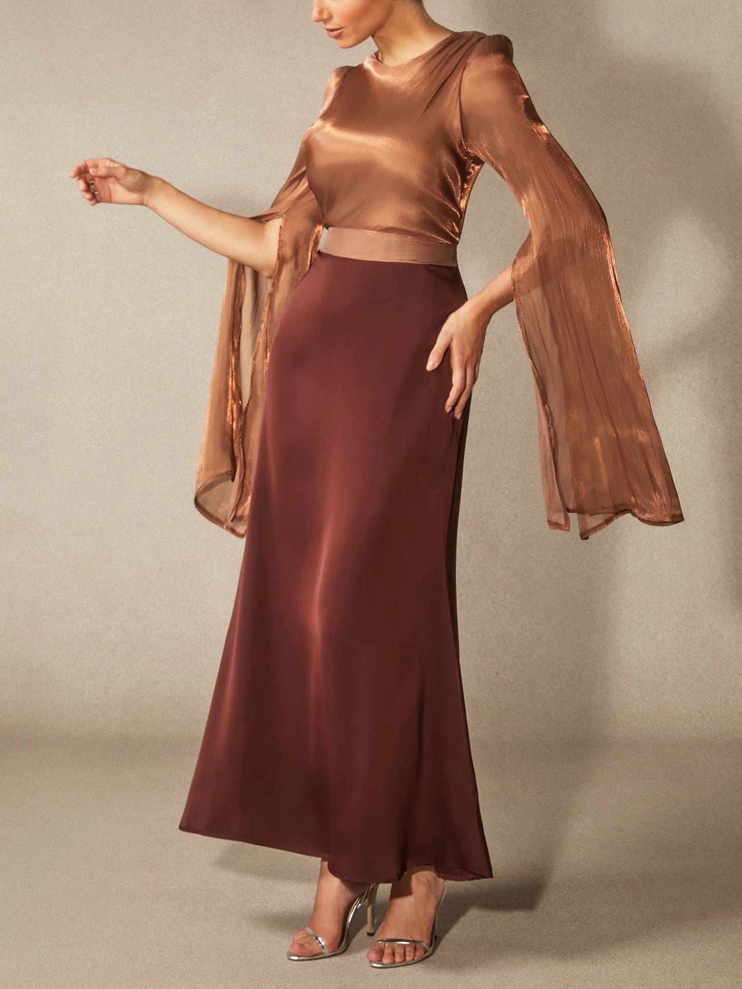 Elegant Satin Cape-Sleeve Maxi Dress