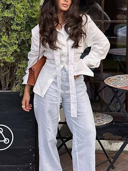 Minimalist Stand-up Collar Ribbon Back Lace-up Shirt and Wide Leg Pants Set-Shirt