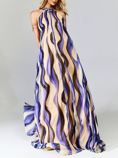 Elegant Vibrant Print Woven-Detail Backless Maxi Dress