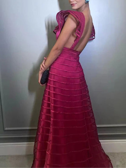 Exquisite Mesh-Panel Deep V-Neck Party Maxi Dress