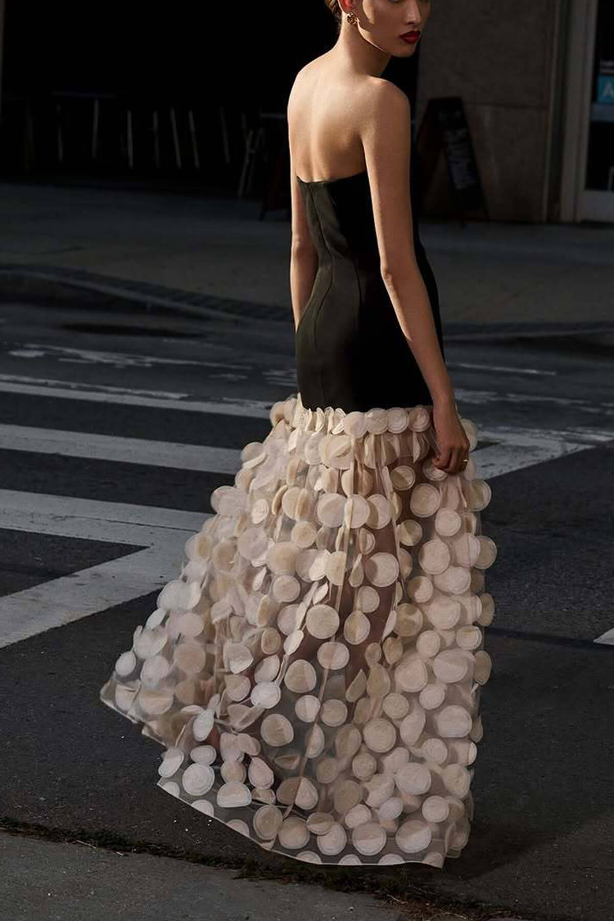 Elegant Strapless Top with Patchwork Polka Dot Mesh Maxi Dress