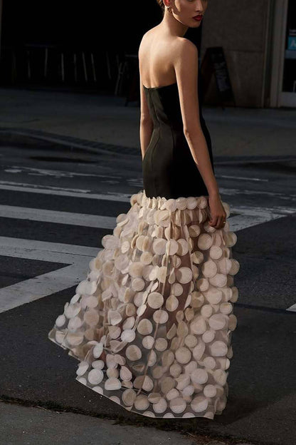 Elegant Strapless Top with Patchwork Polka Dot Mesh Maxi Dress