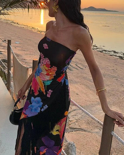 Elegant Vacation Print Fringe Dress