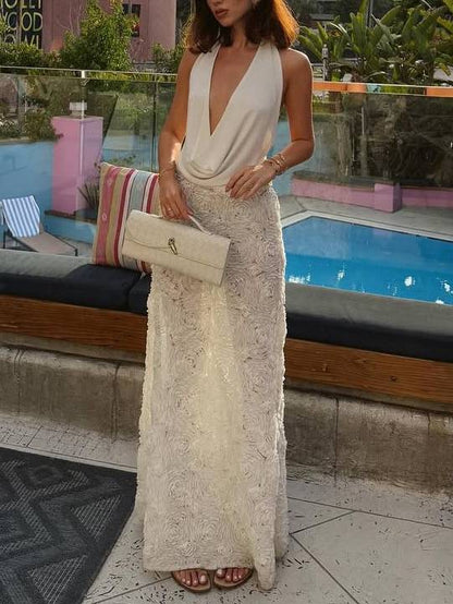 Flower Design Deep V-Neck Backless Maxi Dress