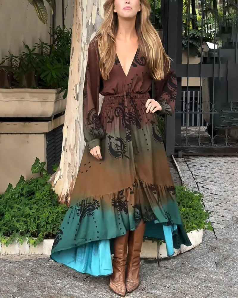 Bohemian resort V-neck printed dress