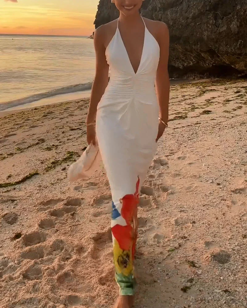 Halter neck strappy printed backless dress