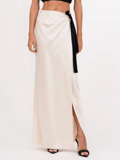 Elegant Satin Tie-slit Skirt