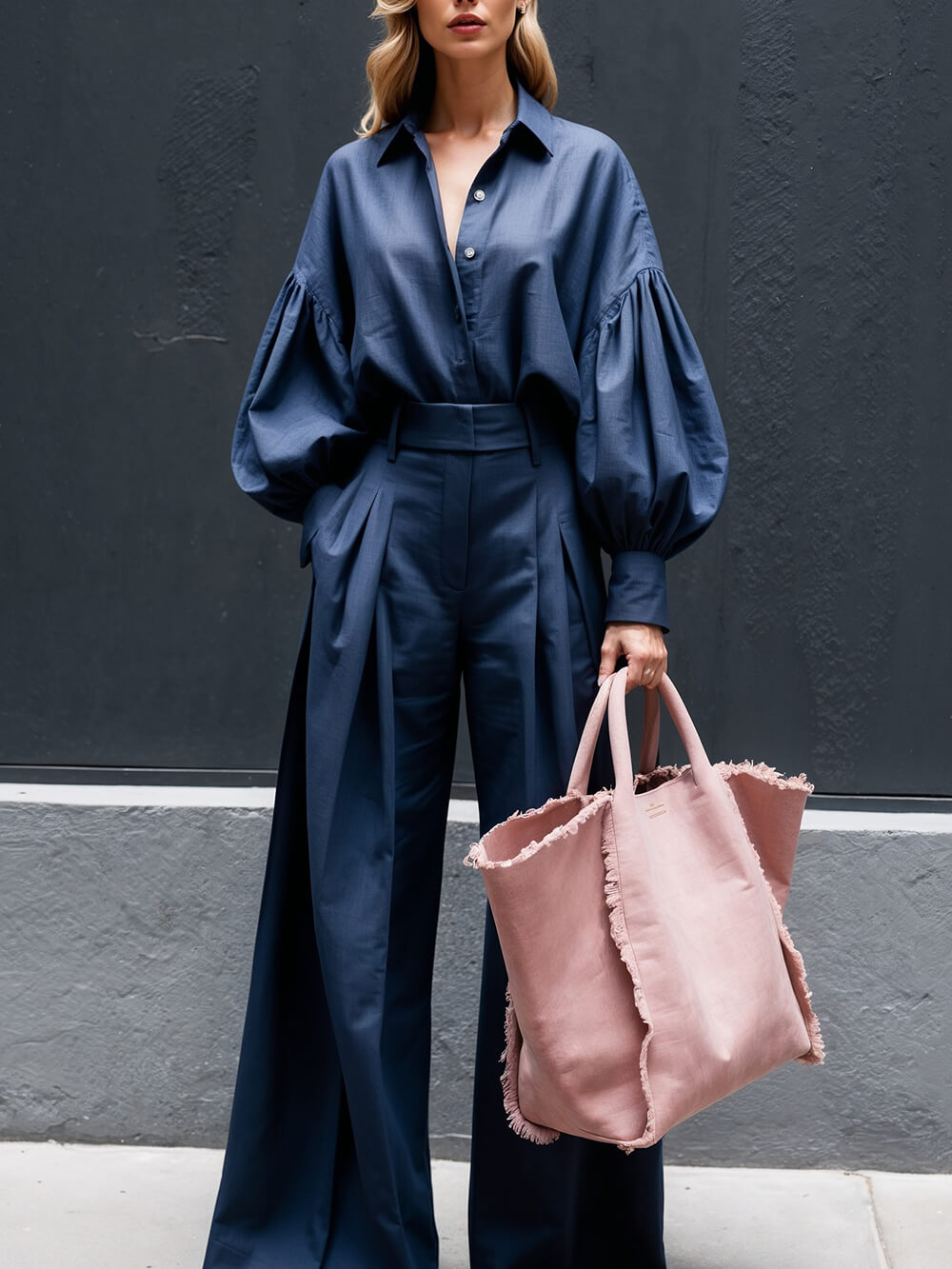 Fashionable Casual Solid Color Lantern Sleeve Loose Button-Down Oversized Shirt