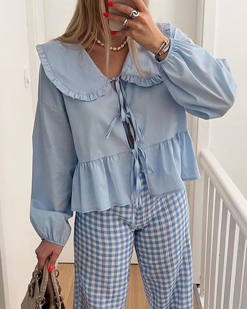 Solid Color Lace-Up Long Sleeve Cardigan Shirt