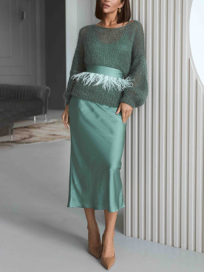 Elegant Openwork Knit Top And Satin Dress Two-piece Set