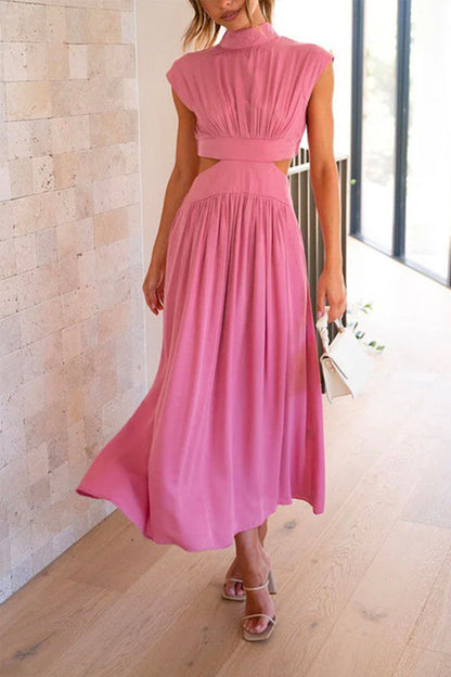 Solid Mockneck Cut Out Maxi A-line Swing Dress