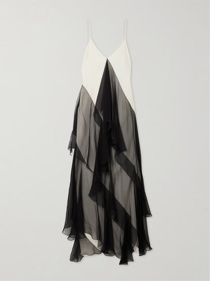 Asymmetrical Ruffled Two-tone Maxi Dress