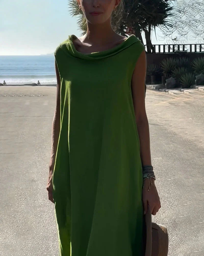 Chic round neck sleeveless casual cotton and linen dress