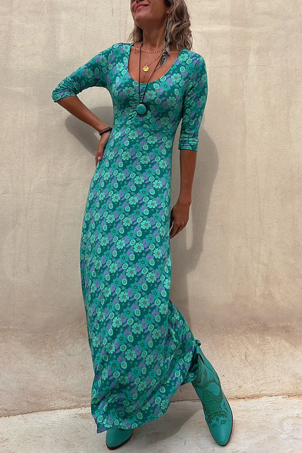Floral Half Sleeve Elastic Maxi Dress