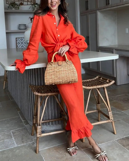 Ruffled casual cotton and linen two-piece set