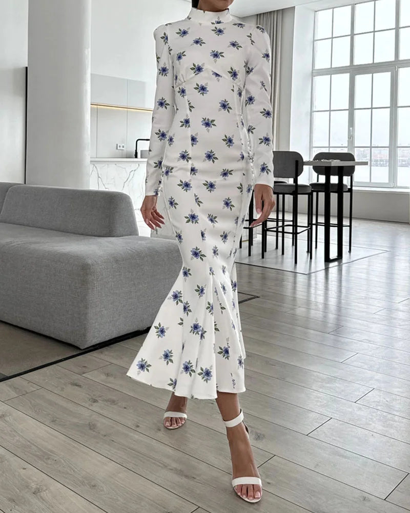 Elegant Half-Collar Floral Print Dress