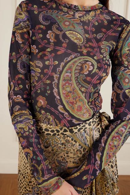 Exquisite Paisley Print Mesh Top