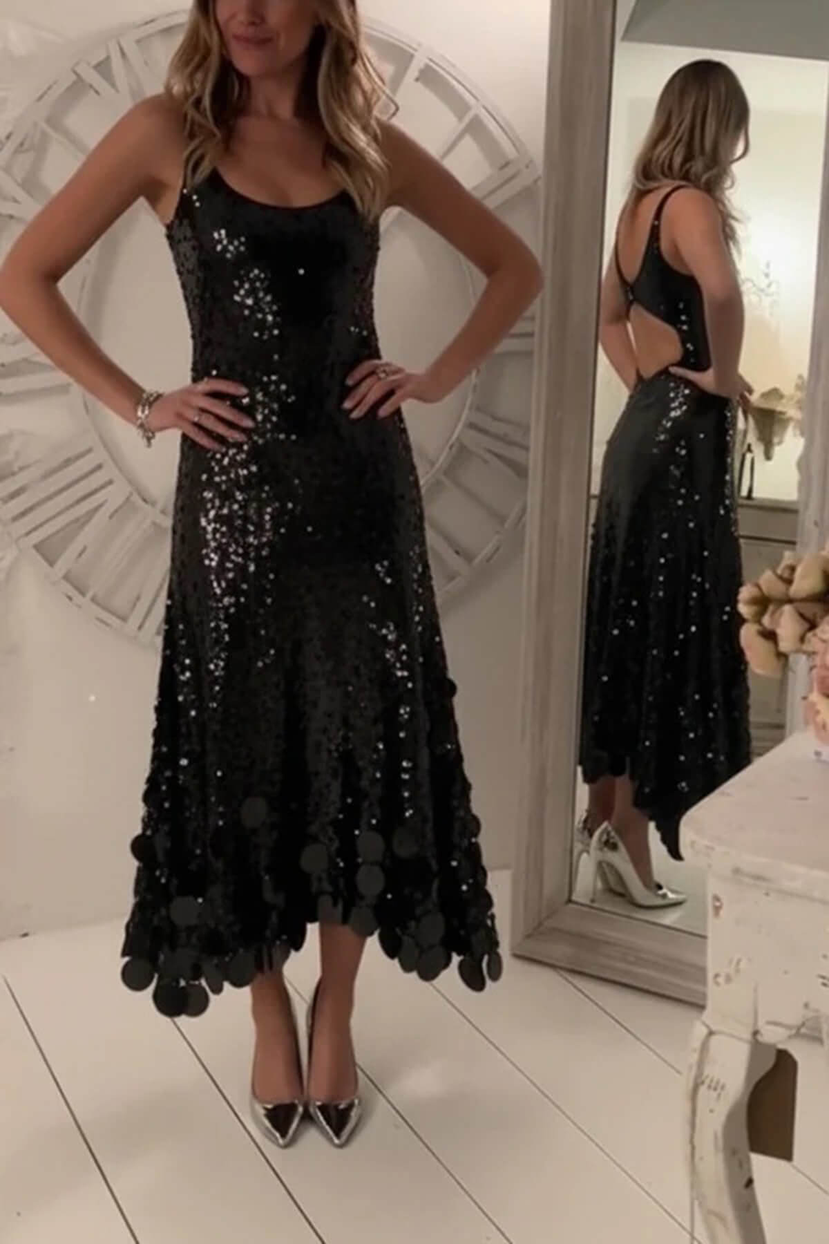 Exquisite Party Tips Sequin Irregular Round Tassels Hem Back Cutout Tank Maxi Dress