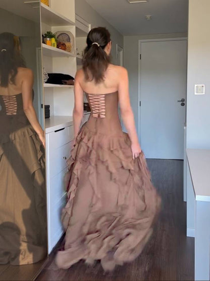 Tube Top Multi-layer Ruffled Side Slit Maxi Dress